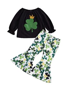 2 Pieces Kid Girl St Patrick's Day Shamrock Set Top And Flared Pants