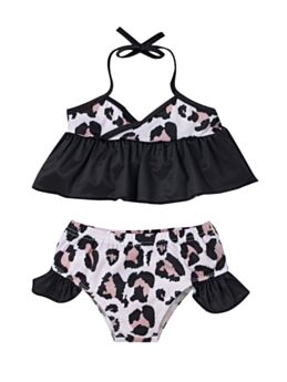 Kid Girl Leopard Two Piece Swimsuit Set Halter Neck Top & Shorts