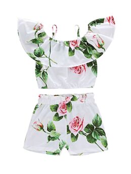 Two-piece Little Girl Floral Print Set Flounce Off  Shoulder Top With Shorts
