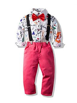 2 Pieces Kid Boy Gentleman Outfit Zoo Print Bowtie Shirt & Suspender Pants