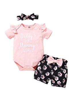 3 Pcs Baby Girl Daddy's Girl Mommy's World Set Bodysuit & Polka Dots Flower Shorts & Headband