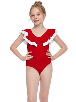 Kid Girl Ruffled Collar Plain One Piece Swimsuit