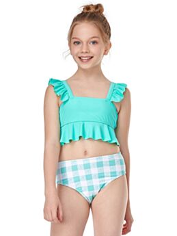 Two Pieces Kid Girl Swimsuit Set Ruffled Hem Top And Plaid Shorts 