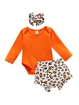 3 Pieces Baby Girl Orange Bodysuit & Leopard Shorts & Headband Set 