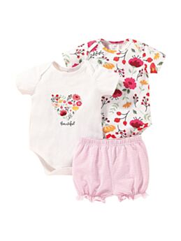 Three-piece Baby Girl Flower Print Bodysuit And Striped Shorts Set
