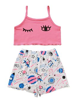 Two Pieces Girl Planet Print Set Pink Cami Top Matching Shorts