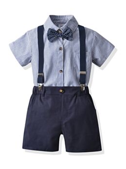 4-Piece Little Boys Summer Gentleman Party Outfits Stripe Bowtie Shirt And Suspender Shorts