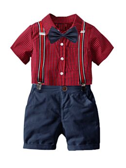 4-Piece Little Boys Summer Gentleman Party Outfits Check Bowtie Shirt And Suspender Shorts