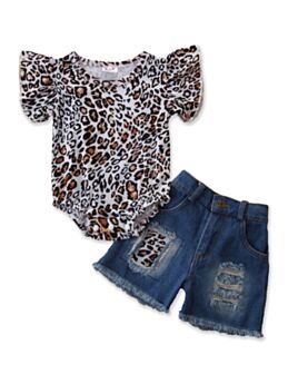 2 Pieces Baby Girl Leopard Flared Sleeve Bodysuit And Denim Shorts Set