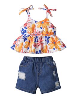 2-Piece Toddler Kid Girl Flower Cami Tunic Top And Distressed Denim Shorts Set
