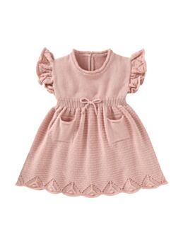 Toddler Girl Flutter Sleeve Solid Color Knitted Dress