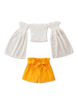 Two Pieces Kid Girl Plain Shirred Off Shoulder Top With Belted Shorts Set