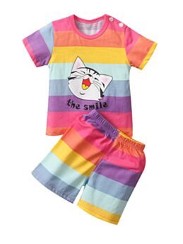 2 Pcs Baby Color Block Stripe The Smile Cat Set Top And Shorts