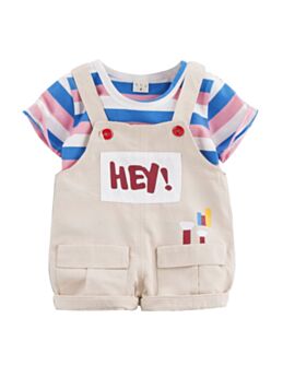 Two Pieces Toddler Stripe T-Shirt With Hey Overalls Shorts Set 