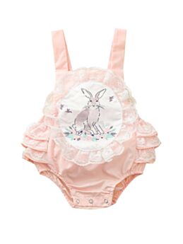 Baby Girl Lace Trim Bunny Print Backless Overall Bodysuit