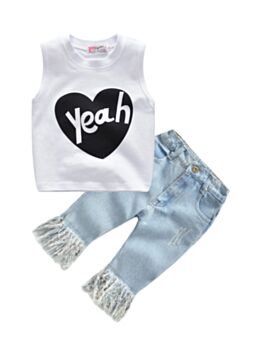 Two Pieces Kid Girl Yeah Tank Top With Fringed Hem Jeans Set