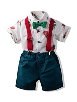 Two Pieces Toddler Kid Boy Rose Pattern Set Bow Tie Shirt and Suspender Shorts 
