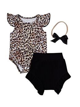 Three Pieces Infant Girl Leopard Pattern Outfit Onesie & Shorts & Headband 