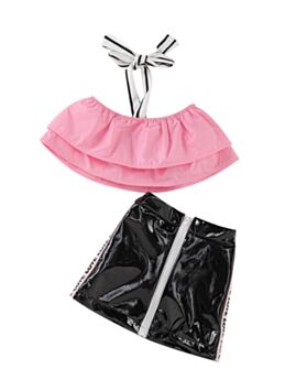 2 Pieces Summer Outfits  Kid Girl Halter Neck Tube Top With PU Leather Skirt
