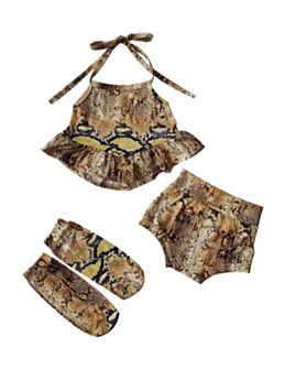 3 Pieces Baby Girl Snakeskin Leopard Print Set Top Shorts Ankle Socks