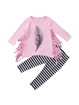 2 PCS Girl Feather Pattern Fringe Top With Stripe Trousers Set 