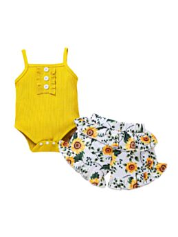 2 PCS Infant Girl Plain Ribbed Cami Bodysuit Match Flower Shorts Set