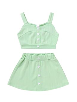 2-Piece Kid Girl Button Trim Solid Color Cami Crop Top & Skirt Set 