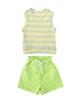 2 Pieces Little Girl Stripe Ribbed Tank Top With Drawstring Shorts Set