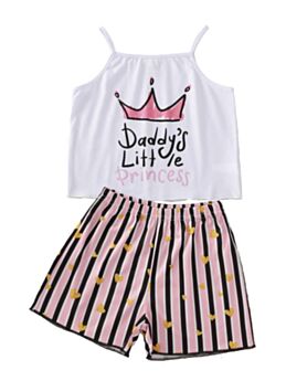 Two Pieces Daddy's Little Princess Cami Top With Love Heart Stripe Shorts Set