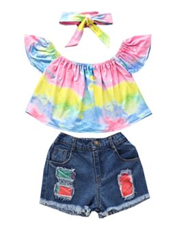 3 PCS Kid Girl Tie Dye Off Shoulder Top & Patchwork Denim Shorts & Headband Set