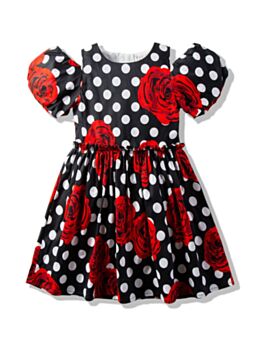Polka Dots Girl Cold Shoulder Rose Graphic Dress