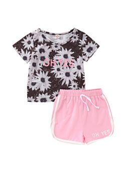 2 Pieces Girl Flower Print Top With SportsShorts Set