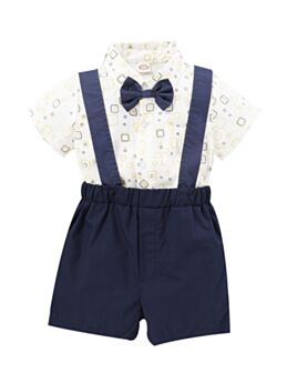 2 Pieces Baby Boy Rectangle Print Bowtie Shirt With Suspender Shorts Outfit