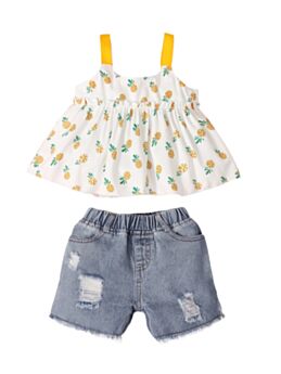 Two Pieces Baby Girl Pineapple Pattern Set Cami Top And Ripped Denim Shorts 