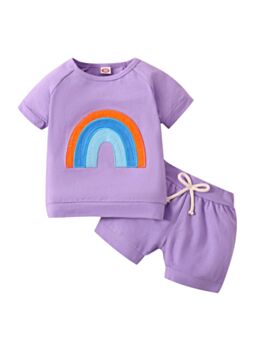 Two Pieces Little Girl Rainbow Pattern Top And Shorts Set