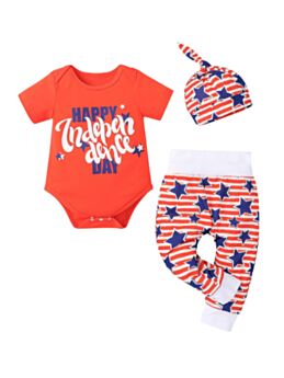 3 Pieces Baby Boy Independence Day Print Bodysuit And Stripe Star Pants & Hat Set