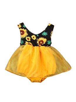 Baby Girl Sunflower Print Mesh Sleeveless Bodysuit Dress 