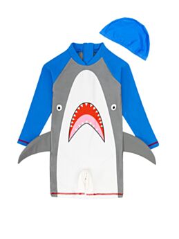 Boy Shark Print Long Sleeve Swimsuit And Hat