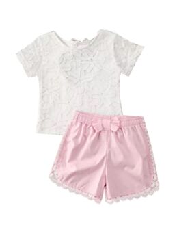 Two Pieces Kid Girl Lace Flower Top & Lace Trimming Shorts Set