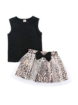 2 Pieces Girl Tank Top And Mesh Patchwork Leopard Skirt Outfit