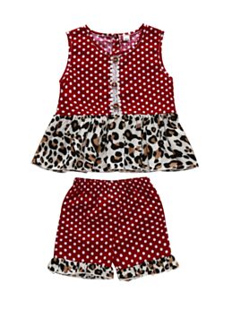 Two-Piece Girl Polka Dots Leopard Set Button Ruffle Hem Tank Top With Shorts