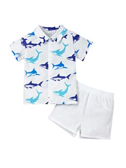 2-Piece Boy Outfit Shark Graphic Shirt Matching Shorts