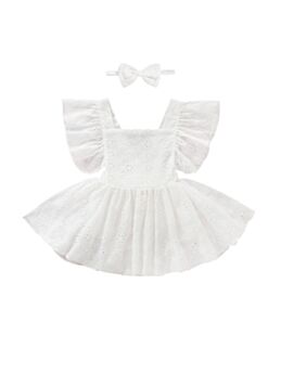 Two-Piece Baby Girl Flutter Sleeve Eyelet Dress With Headband