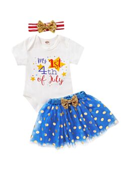3 Pieces Infant Girl My 1st 4th Of July  Independence Day Bodysuit & Sequins Polka Dots Mesh Skirt & Headband Outfit 