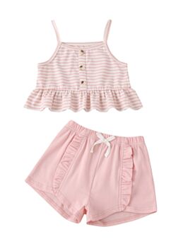 2 Pieces Kid Girl Stripe Ruffle Hem Cropped Cami Top With Shorts Set 