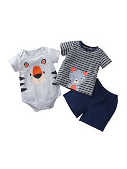 3 Pieces Baby Cartoon Stripe Set Bodysuit & Top & Shorts