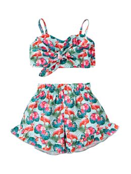 2 Pieces Baby Toddler Girl Allover Flamingo Print Set Crop Cami Top And Shorts 