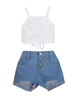 Two Pieces Kid Girl White Cropped Camisole Top With Ripped Denim Shorts Set