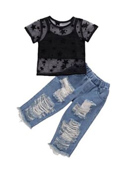 Three Pieces Kid Girl Star Mesh Top & Cropped Cami Top & Ripped Jeans Set