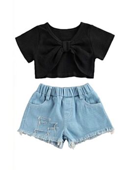 2 Pieces Kid Girl Knotted Black Top And Denim Shorts Set